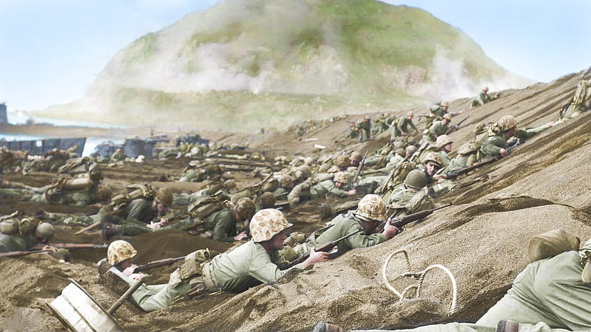 Impresionantes coloreadas capturan la sangrienta batalla de Iwo Jima, donde los marines estadounidenses lucharon durante semanas en la 'invasión del Día D' de la Guerra del Pacífico, Iwo Jima fondo de pantalla