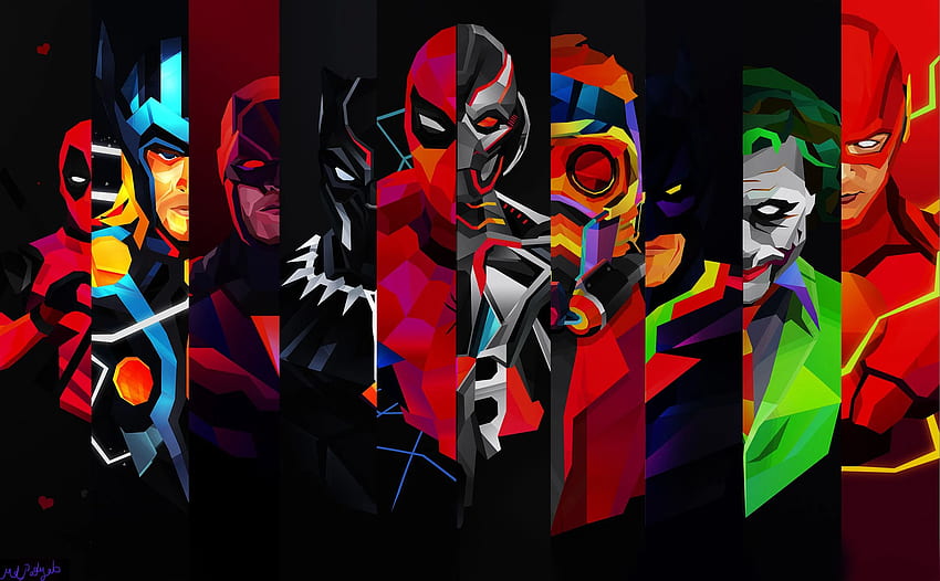 Homem Aranha, Coringa, Pantera Negra, Deadpool, Ultron, Batman, Thor, Flash e Senhor das Estrelas, Polígono de Deadpool papel de parede HD