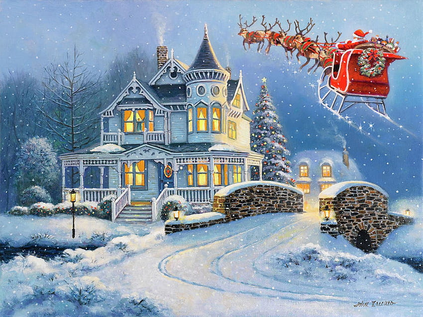 Santa's Magic Sleigh Ride, reindeer, christmas, snow, bridge, villa, victorian, santa, river, sleigh, painting HD wallpaper