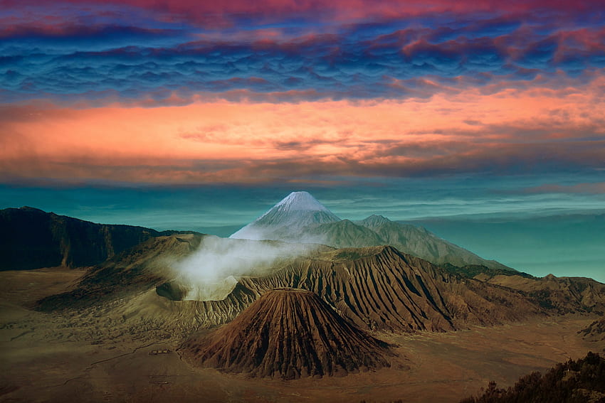 Volcano, mountains, Landscape, clouds, sunset HD wallpaper