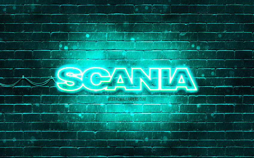 Scania turquoise logo, , turquoise brickwall, Scania logo, brands, Scania neon logo, Scania HD wallpaper