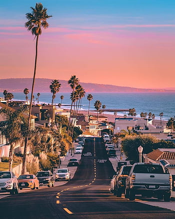 Sunset, palm trees, car, street, Sun, beach, California, HD phone wallpaper  | Peakpx