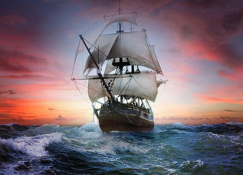 Saya Berlayar, biru, laut, perahu, layar, langit, matahari terbenam, samudra Wallpaper HD