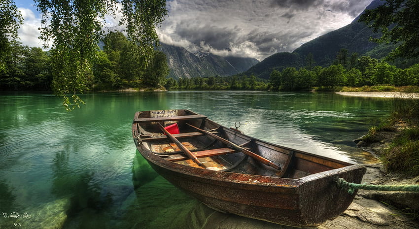 landscape river rowboat . Mocah HD wallpaper