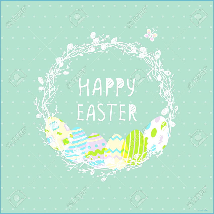 Süße Ostereier in einem Weidennest, Grußkarte auf blauem Hintergrund - süße Ostern, süße fröhliche Ostern HD-Handy-Hintergrundbild