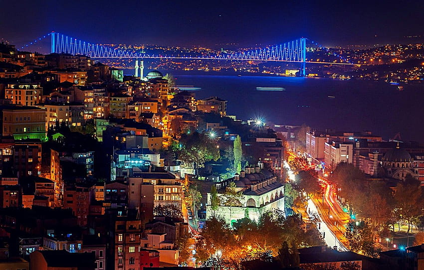 noite, trecho, Istambul, Turquia, noite, Istambul, Turquia para , seção город papel de parede HD
