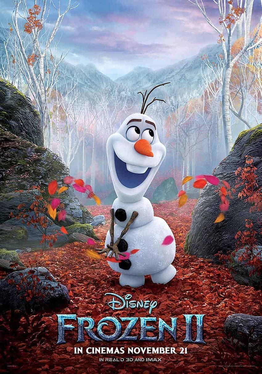Poster film Frozen 2 dengan Olaf dan daun gugur. Beku wallpaper ponsel HD