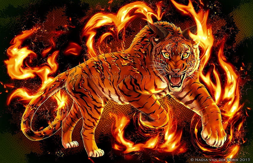 Wildes Feuer. Große Katzenkunst, Tigergrafik, Tigerkunst, Flammentiger HD-Hintergrundbild