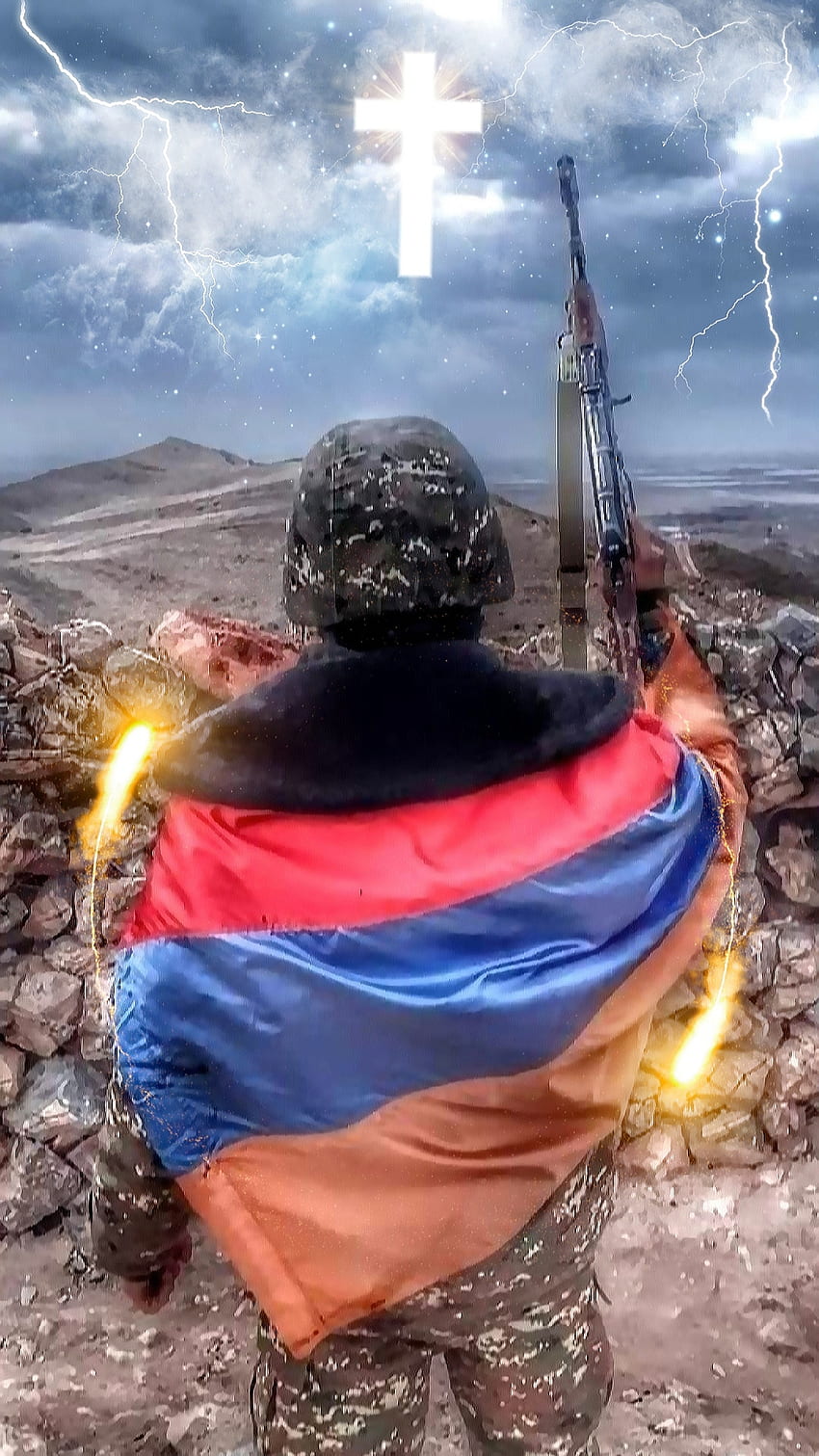 Artsakhian の兵士、雲、空、アルメニアの旗、キリスト教、アルメニアの国境、勇敢な兵士、クロス、信じる、雷 HD電話の壁紙