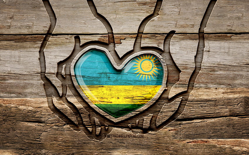 kocham Rwandę, drewniane rzeźbione ręce, dzień Rwandy, flaga Rwandy, flaga Rwandy, Take care Rwanda, kreatywny, flaga Rwandy, flaga Rwandy w ręku, rzeźbienie w drewnie, kraje afrykańskie, Rwanda Tapeta HD