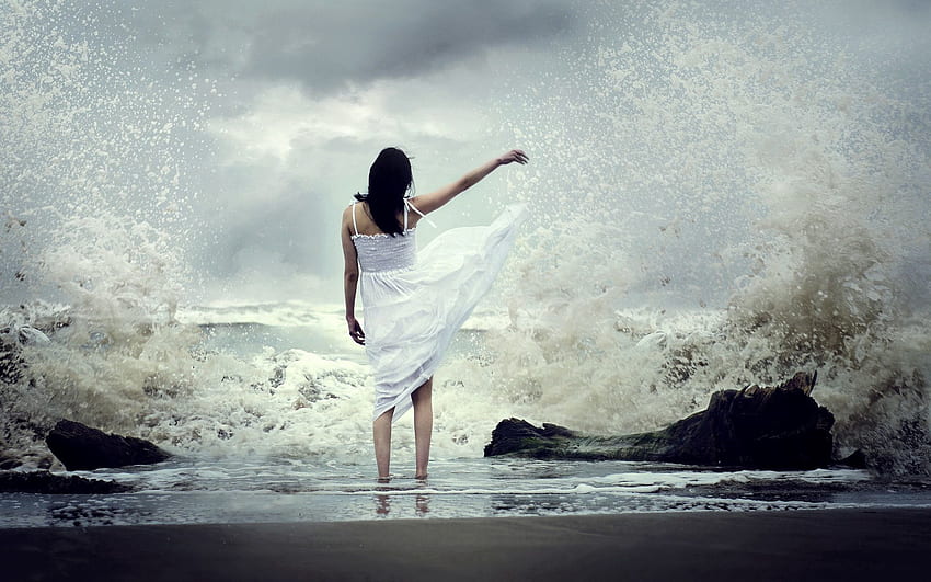 Nature, Sea, Spray, Girl, Surf, Dress HD wallpaper