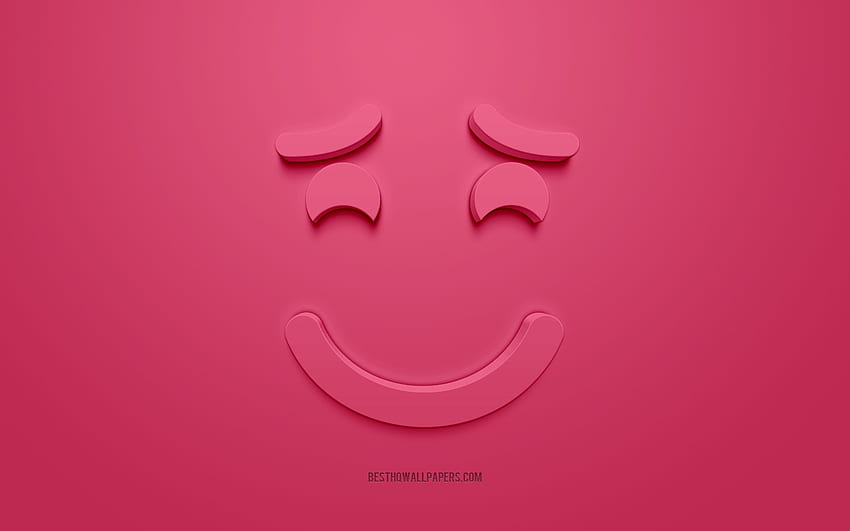 Emoticon sorridente con sopracciglia sollevate, faccina 3D, concetti timidi, icone 3D, icona 3D faccia sorridente, rosa, arte 3D creativa, emoticon Emoji per con risoluzione . Alta qualità Sfondo HD