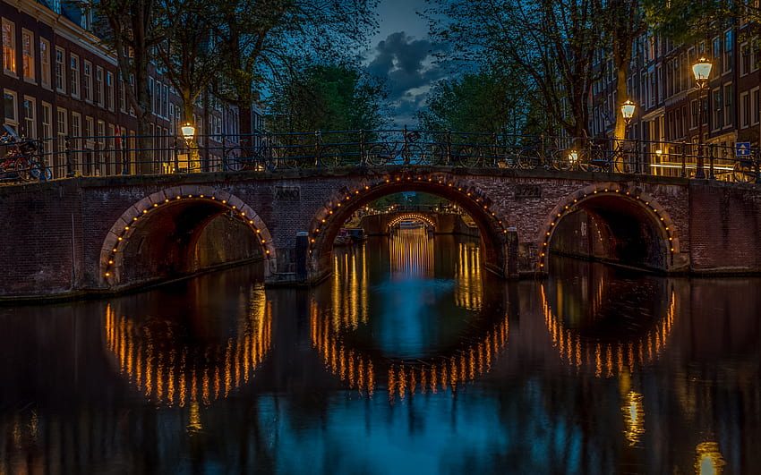 Kees Fensbrug, Amsterdam, Keizersgracht, malam, matahari terbenam, jembatan batu, jalan-jalan Amsterdam, Belanda Wallpaper HD