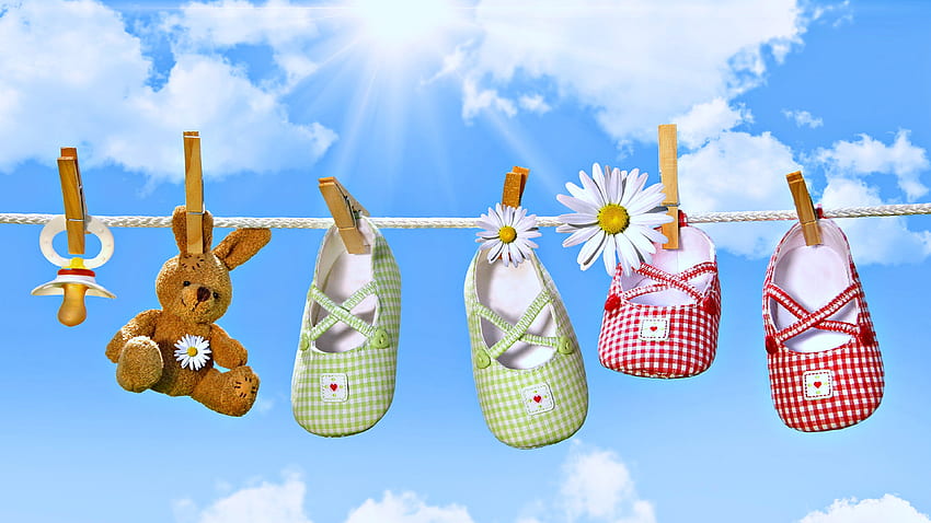 shoes, Teddy, Flowers, Spring, Sky, Clouds, Sunny, Kids, Children, Little, Drying, Mum, Family, Washing / and Mobile Background HD wallpaper