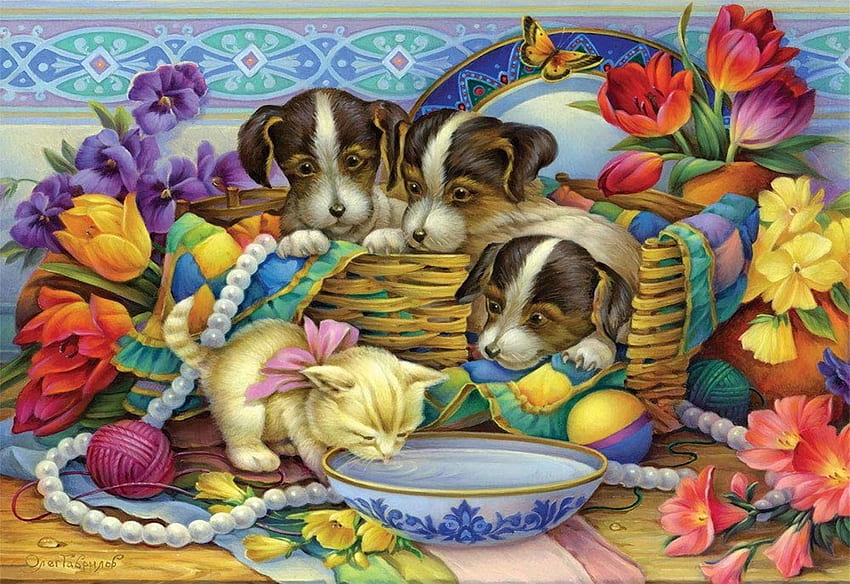 Precious Puppies and Kitten, dogs, basket, flowers, cat, blossoms HD wallpaper