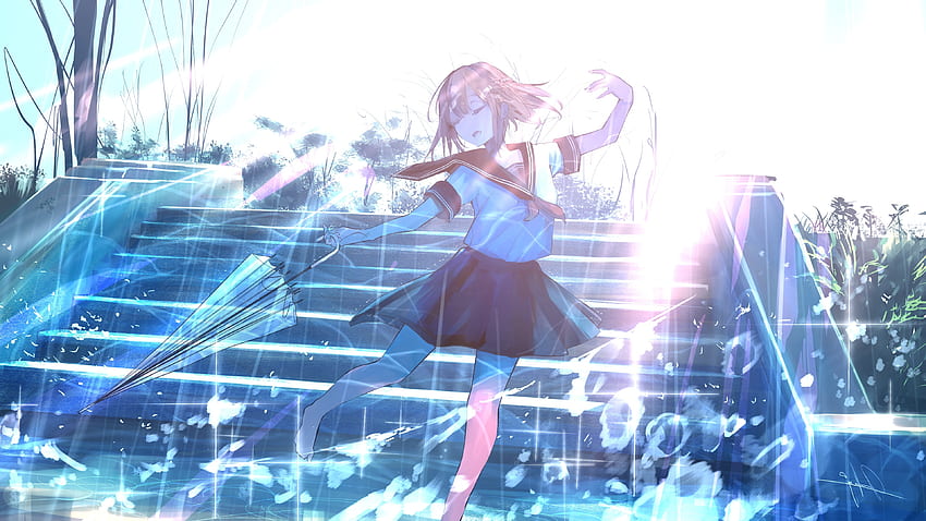 Anime Okullu Kız, Dans Etme, Kapalı Gözler, Yağmur Yağma, Şemsiye - Çözünürlük:, Dans Eden Anime Kızı HD duvar kağıdı