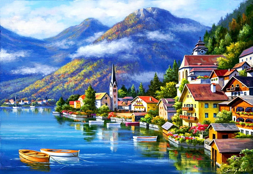 Hallstatt, Autriche, œuvres d'art, peinture, bateaux, ciel, maisons, montagnes, village, lac, nuages Fond d'écran HD