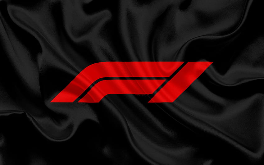 Yeni F1 logosu, ipek bayrak, siyah ipek, Formula 1, amblem, çözünürlüğü olan yeni logo. Yüksek kalite HD duvar kağıdı
