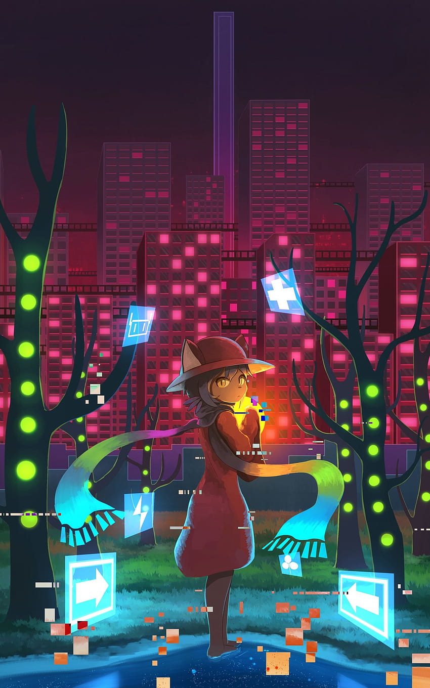 Süßes Anime-Mädchen, Neon City, Gebäude, Lichter, Schal für Asus Transformer, Asus Nexus 7, Amazon Kindle Fire 8.9 - Maiden HD-Handy-Hintergrundbild