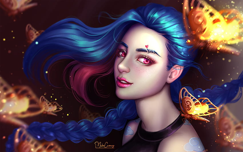 Jinx Frumusete Fantasy Face Girl Luminos Nekocuong Blue Amethyst Eyes Pink Hd Wallpaper 4221