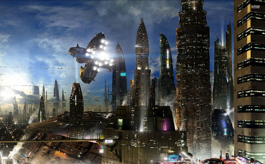nave espacial en la ciudad, edificio, cielo, ciudad, nave espacial fondo de pantalla