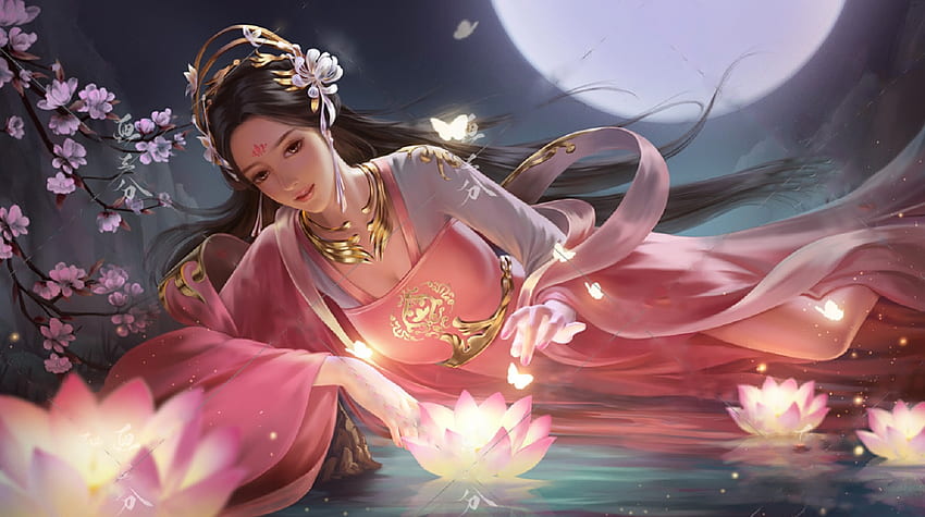 Lotus magique, art, geisha, fille, femme, rose, numérique, fantaisie, lotus Fond d'écran HD