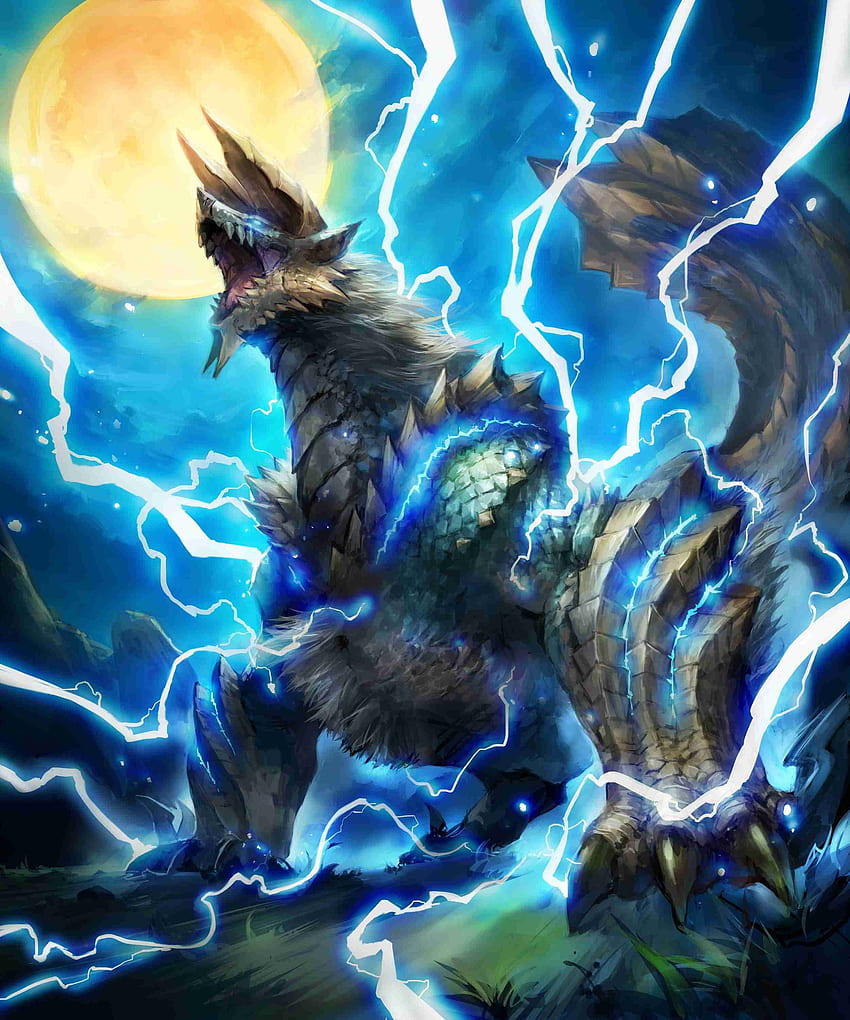 Illustration eines grauen Monsters mit Hörnern und Blitzen, Monster, Zinogre HD-Handy-Hintergrundbild
