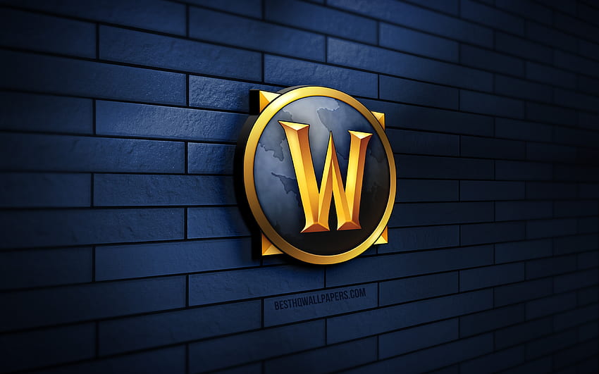 World of Warcraft 3D logosu, mavi brickwall, WoW, yaratıcı, online oyunlar, World of Warcraft logosu, 3D sanat, World of Warcraft, WoW logosu HD duvar kağıdı