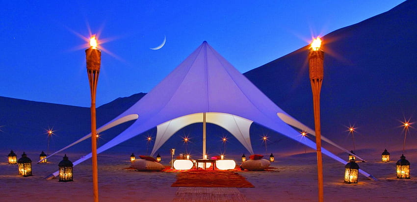 Desert Retreat, night, sand, dine, torches, retreat, food, nightime, eat, dining, table for two, desert, candles, tent, fire HD wallpaper