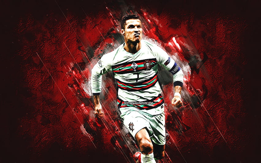 Cristiano Ronaldo, CR7, portugiesische Fußballnationalmannschaft, Grunge-Kunst, roter Steinhintergrund, Fußball, Cristiano Ronaldo-Kunst HD-Hintergrundbild