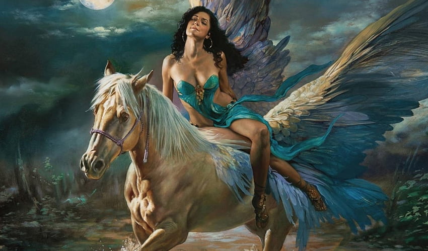 Pegasus Rider, кон, дигитален, фентъзи, изкуство, , момиче, жена HD тапет