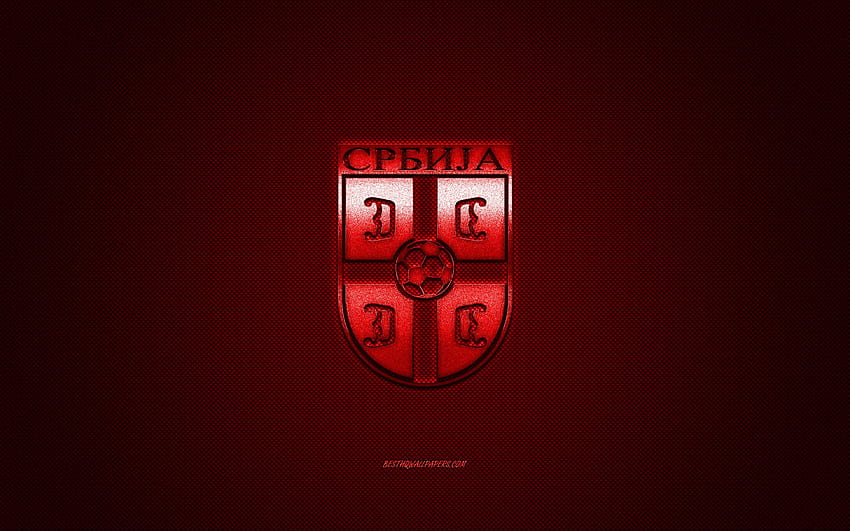 Reprezentacja Serbii w piłce nożnej, godło, UEFA, czerwone logo, tło z czerwonym włóknem, logo drużyny piłkarskiej Serbii, piłka nożna, Serbia dla z rozdzielczością. Wysoka jakość, SRBIJA Tapeta HD