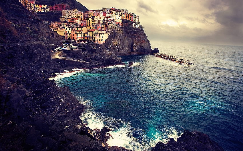 Landscape, Cities, Houses, Sea, Italy, Rocks, Coast, Manarola HD wallpaper
