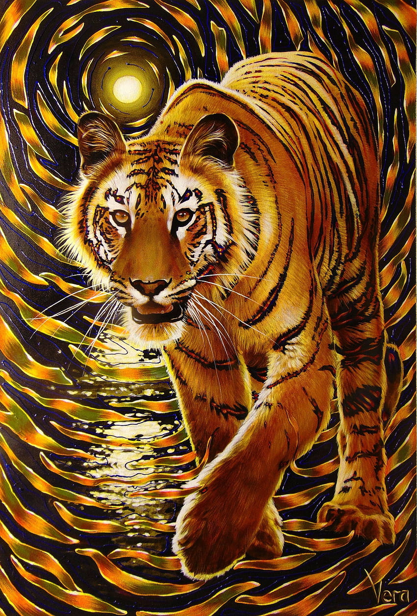 Original-Gemälde des goldenen Tigers, zeitgenössische Tierkunst, goldene Wohnkulturgrafik, große Tiger-Wandkunst, Öl auf Leinwand. Tigerkunst, Tigerwandkunst, Pferdemalerei HD-Handy-Hintergrundbild