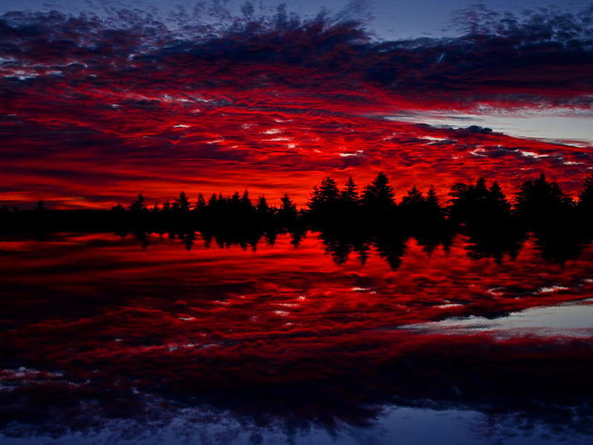 Червено отражение на залеза, река, отражение, залез, червено, езеро, залез, тъмно HD тапет