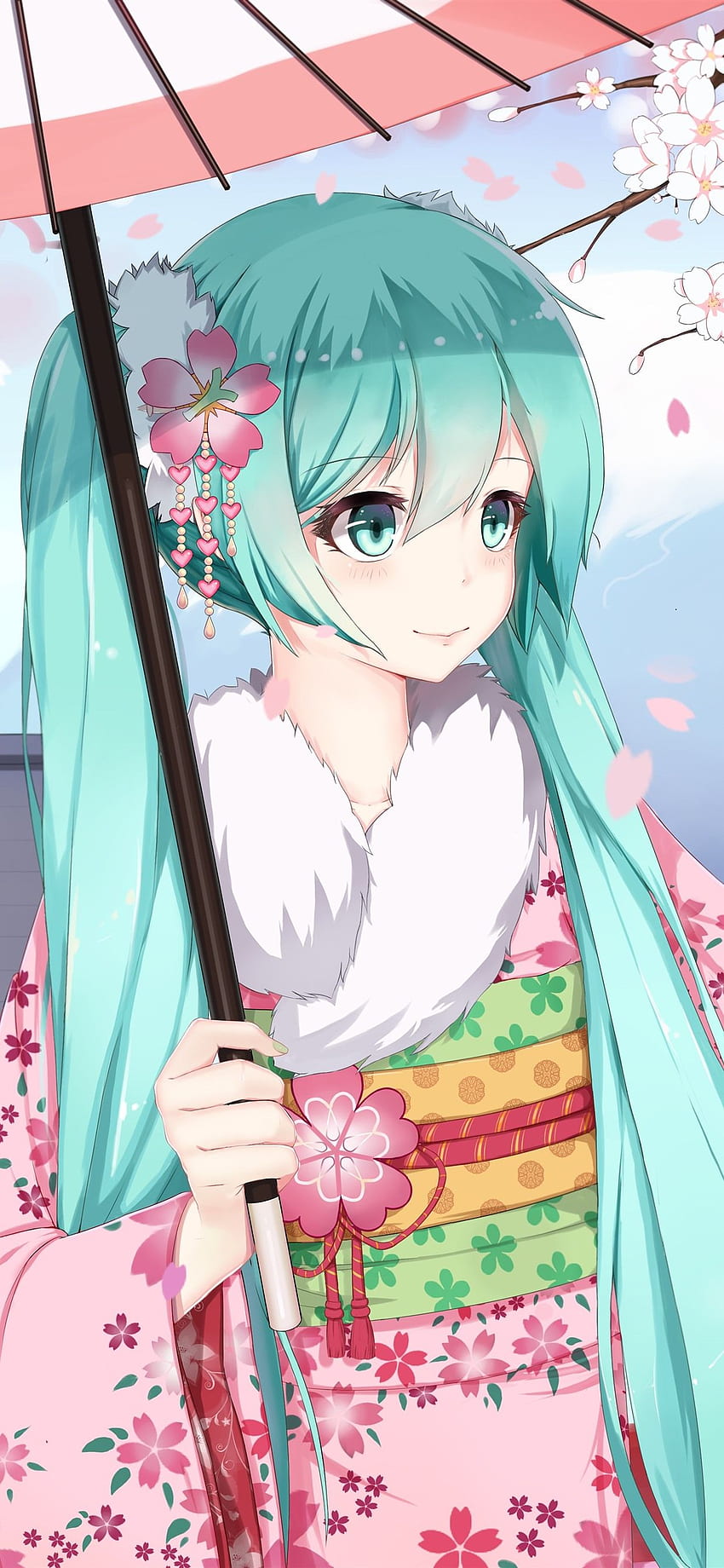 Hatsune Miku, gadis anime berambut biru, kimono, sakura wallpaper ponsel HD