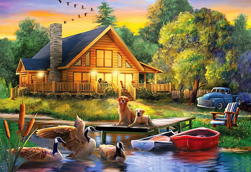 Penjaga Danau, karya seni, perahu, burung, mobil, pohon, anjing, dermaga, pondok, lukisan Wallpaper HD