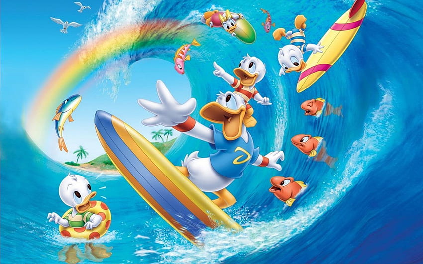Walt Disney Donald Duck Summer Surf Beach Sea Fish Cartoon HD wallpaper