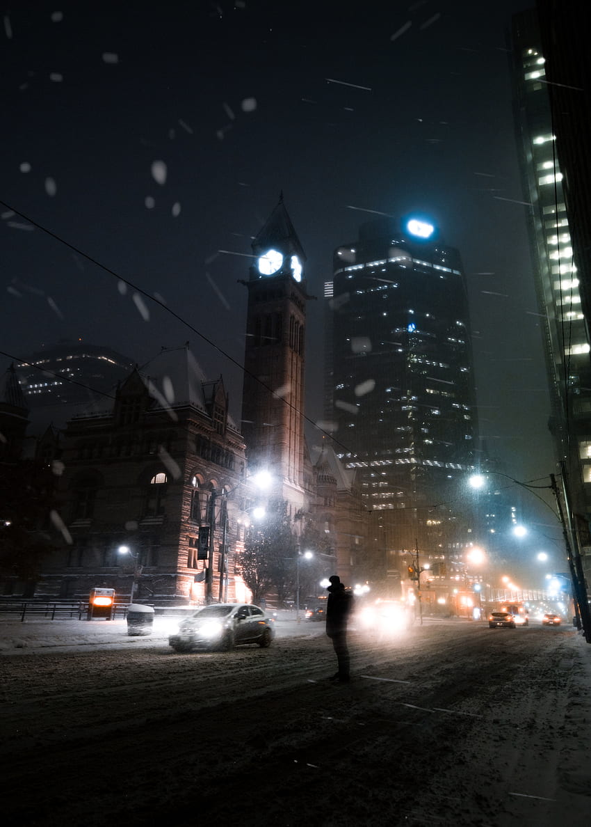 Dark, Silhouette, Night City, City Lights, Street, Snowfall HD phone wallpaper