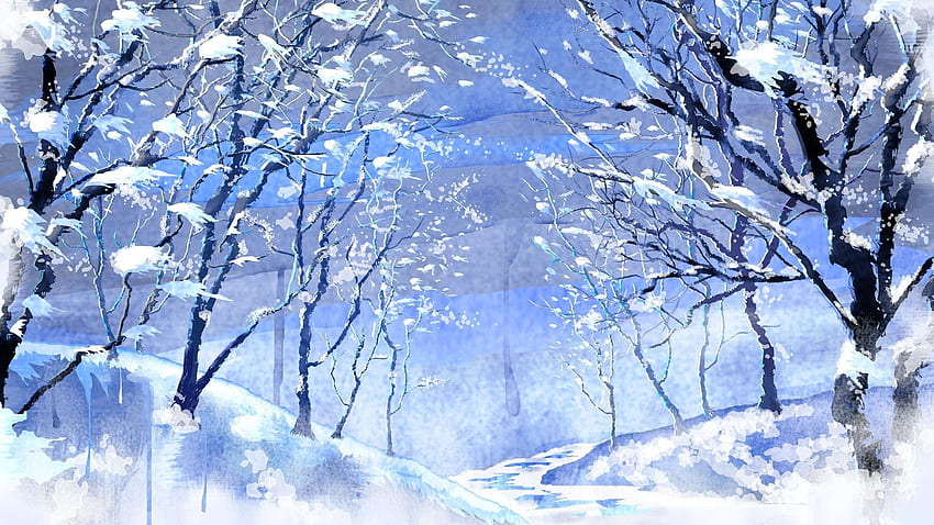 Watercolor Winter Wonderland Christmas Breeze Blue Sky Wind Blowing Painting Trees Snow Snowin. Winter , Winter wonderland , Winter screensavers HD wallpaper
