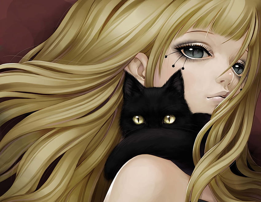 Geheimnisvolles Mädchen, schwarze Katze, blond, langes Haar, Anime-Mädchen, süßes Mädchen, Anime, Fantasie, hübsch, Fantasie-Mädchen, Katzenaugen, Original, Tagme, weiblich HD-Hintergrundbild