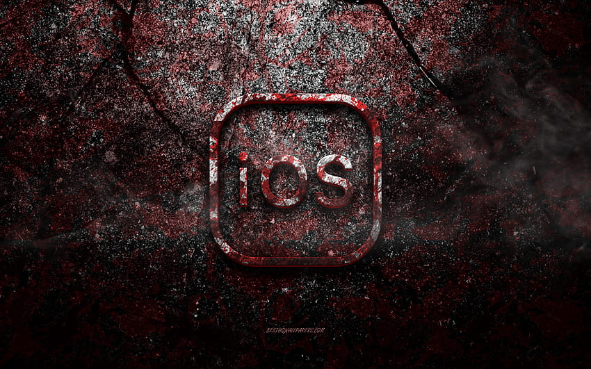 Logo iOS, art grunge, logo de pierre iOS, texture de pierre rouge, iOS, texture de pierre grunge, emblème iOS, logo 3d iOS Fond d'écran HD
