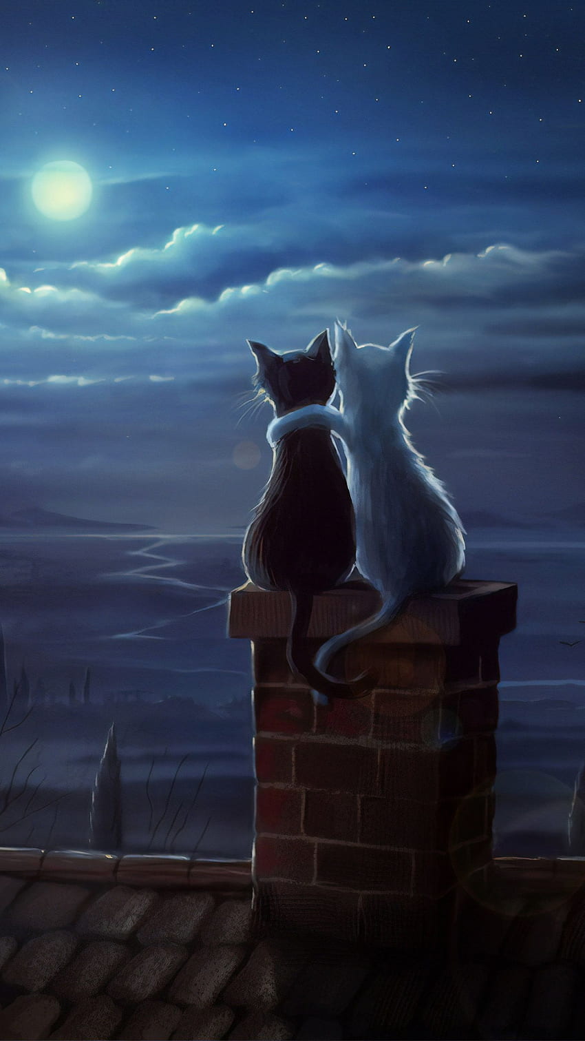 Две котки на покрива, художник и . Котешко изкуство, Котешка живопис, Котешка илюстрация, Черно-бяло котешко изкуство HD тапет за телефон