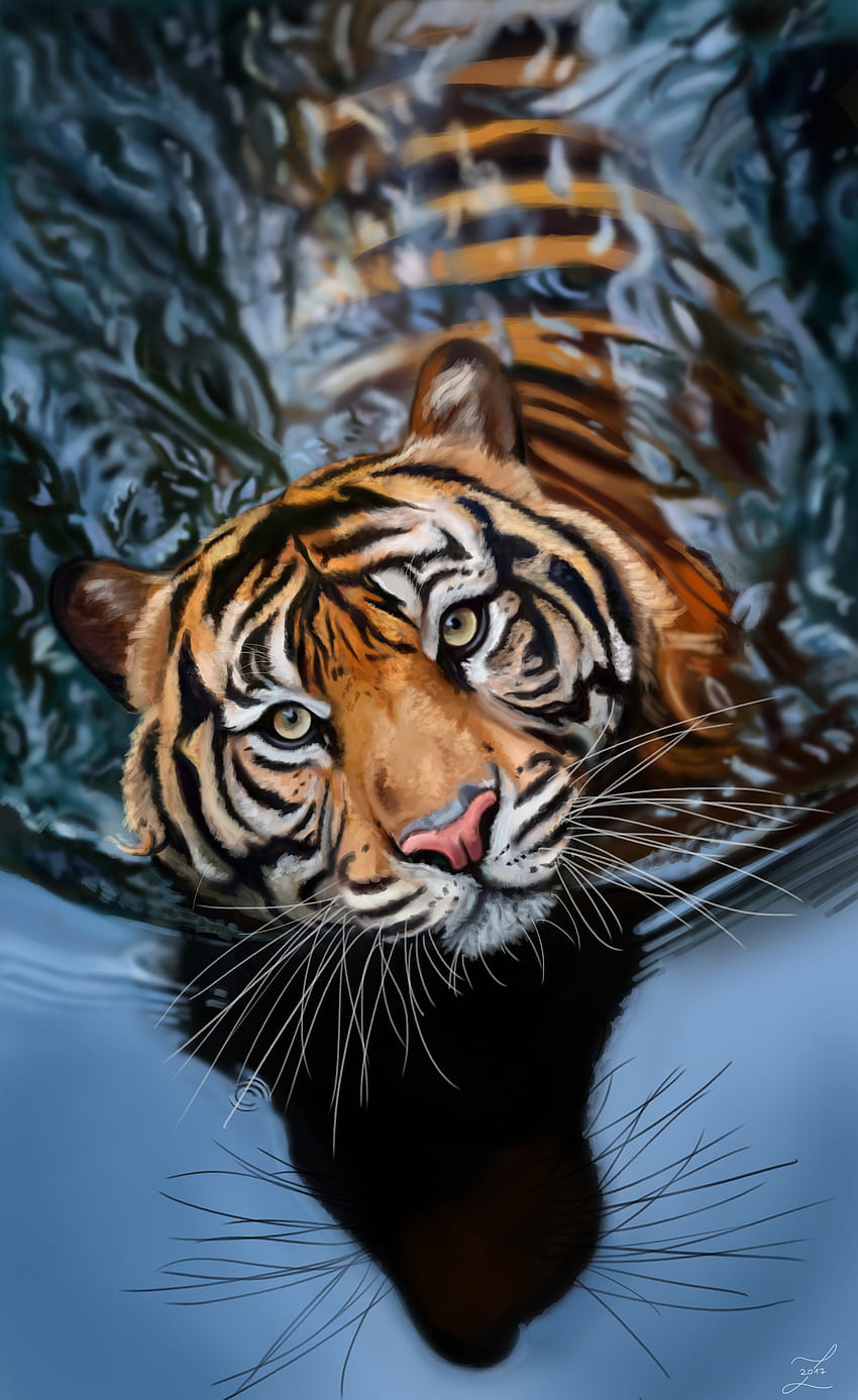 Woda, sztuka, paski, drapieżnik, duży kot, tygrys Tapeta na telefon HD