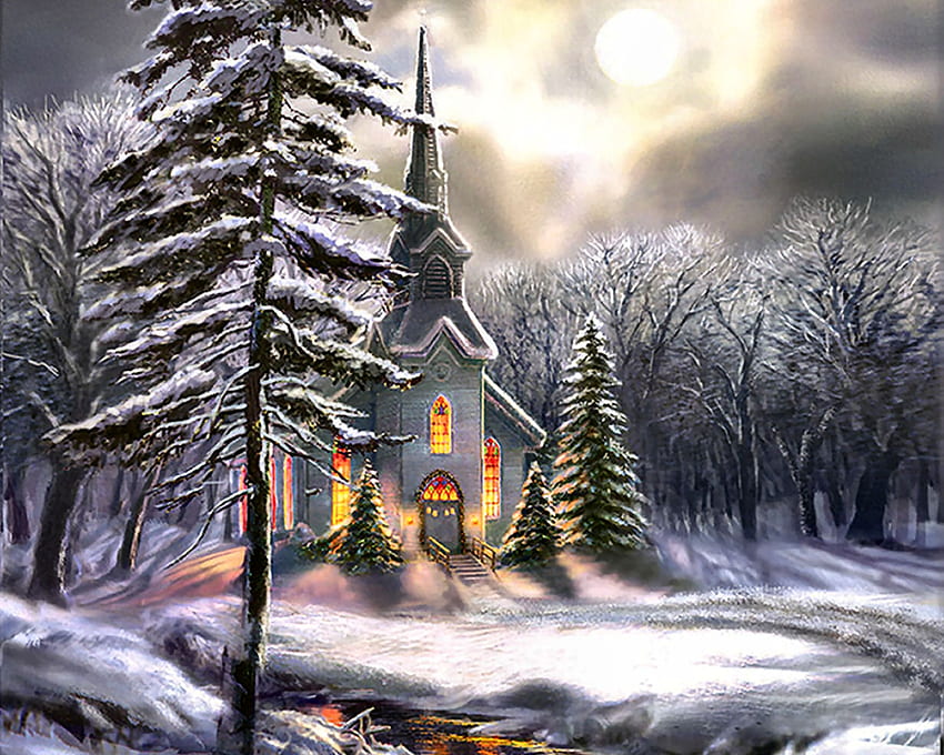 Wildwood Church F, winter, architecture, chapel, art, beautiful, illustration, church, artwork, scenery, wide screen, religious, painting, snow HD wallpaper
