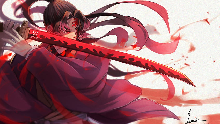 흰색과 빨간색 애니메이션을 배경으로 붉은 검을 들고 측면에 악마 슬레이어 츠기쿠니 요리이치 HD 월페이퍼