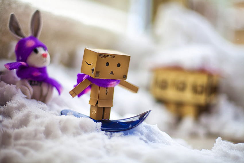 SnowBoard Time, danbo, cute, robot, snow HD wallpaper