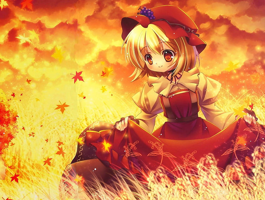 jesień anime, dziewczyna, wysoka trawa, młoda dziewczyna, pomarańcza, czerwona sukienka, liście, anime, młody, żółty, czerwony, chmury, jesień, ogień, kapelusz Tapeta HD