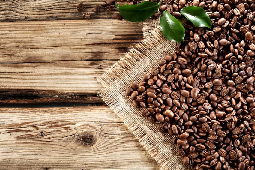 Kaffee, Blätter, Holz, Bohnen, Stoff HD-Hintergrundbild