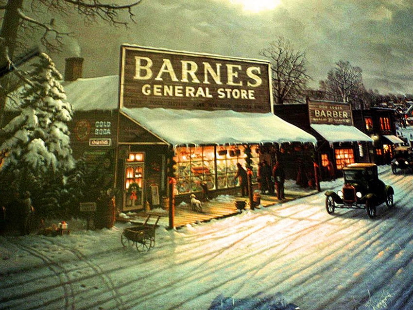 Barnes General Store, invierno, obras de arte, nieve, navidad, autos, vintage, navidad fondo de pantalla